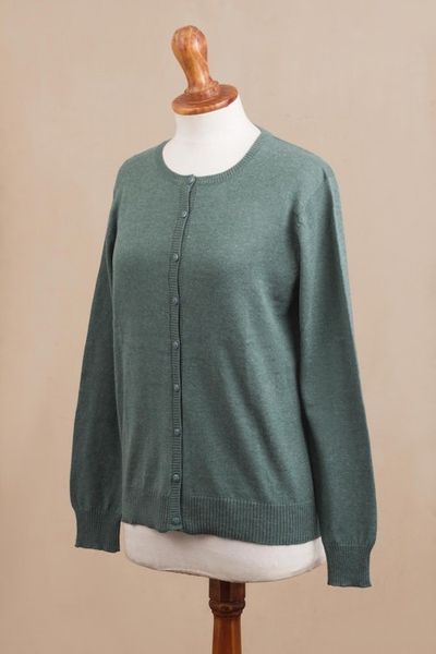 Alternate image for Cotton Blend Green Cardigan Sweater from Peru Simple Style in Jade