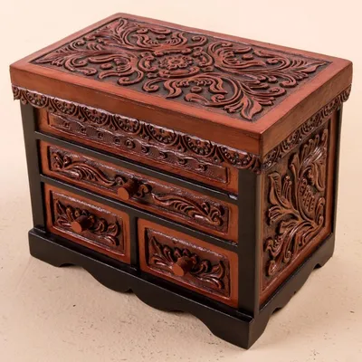 Alternate image for Cedar Wood and Leather Jewelry Box with Mirror from Peru Symbolic Leaves