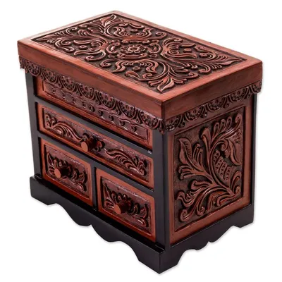 Alternate image for Cedar Wood and Leather Jewelry Box with Mirror from Peru Symbolic Leaves