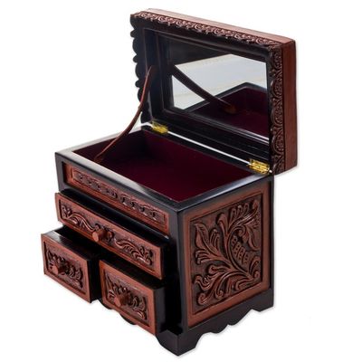 Alternate image for Cedar Wood and Leather Jewelry Box with Mirror from Peru Symbolic Leaves