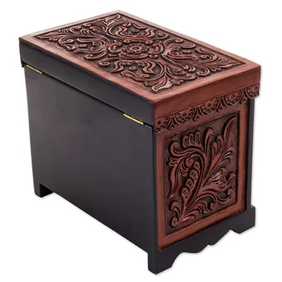 Alternate image for Cedar Wood and Leather Jewelry Box with Mirror from Peru Symbolic Leaves