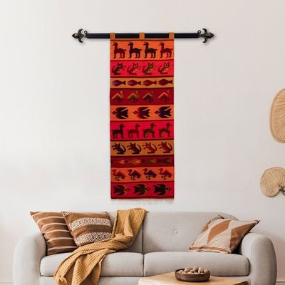Alternate image for Animal-Themed Loomed Wool Tapestry in Red Hues Origin and Fauna