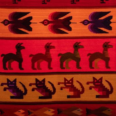 Alternate image for Animal-Themed Loomed Wool Tapestry in Red Hues Origin and Fauna