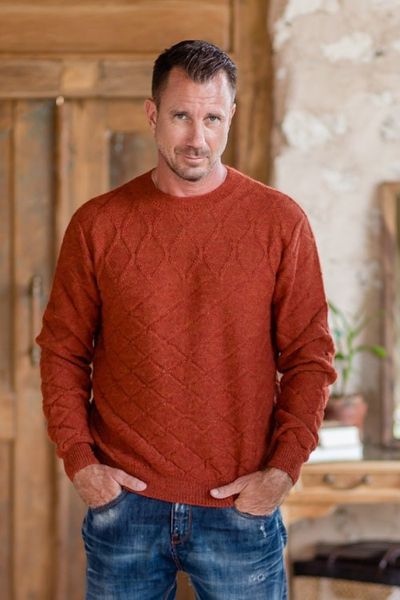 Alternate image for Mens 100 Alpaca Sweater with Rhombus Geometric Pattern Rhombus Spice