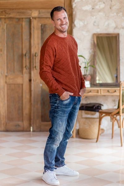 Alternate image for Mens 100 Alpaca Sweater with Rhombus Geometric Pattern Rhombus Spice