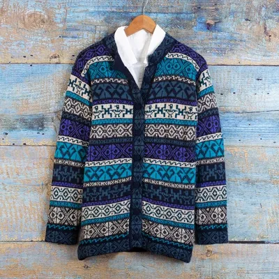 Alternate image for Blue Alpaca Blend Cardigan with Inca Motifs Empire Memories