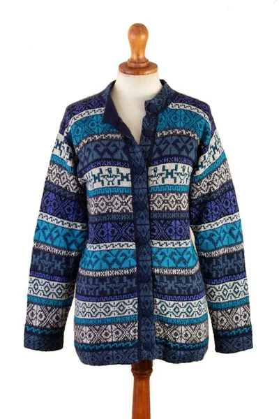 Alternate image for Blue Alpaca Blend Cardigan with Inca Motifs Empire Memories