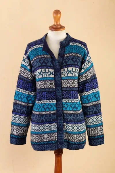 Alternate image for Blue Alpaca Blend Cardigan with Inca Motifs Empire Memories