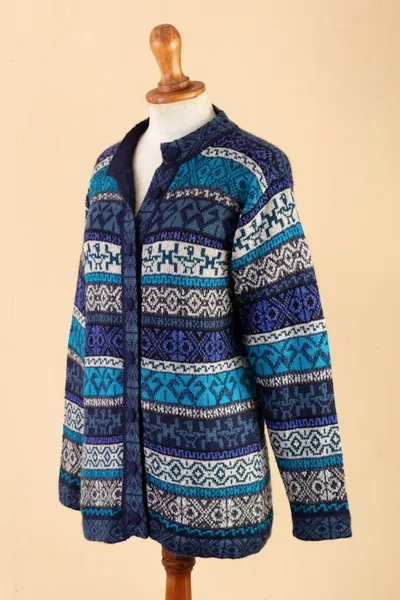 Alternate image for Blue Alpaca Blend Cardigan with Inca Motifs Empire Memories