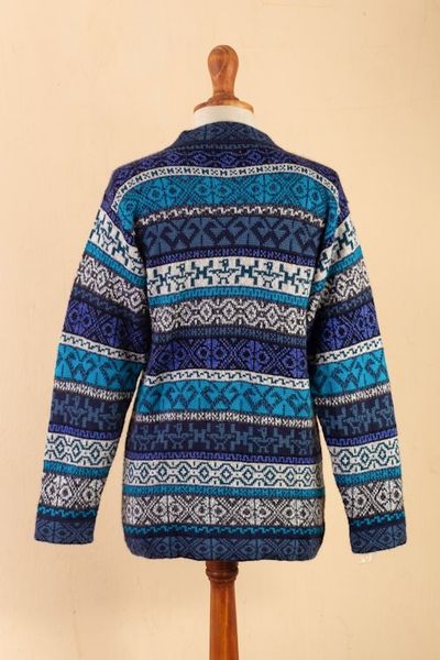 Alternate image for Blue Alpaca Blend Cardigan with Inca Motifs Empire Memories