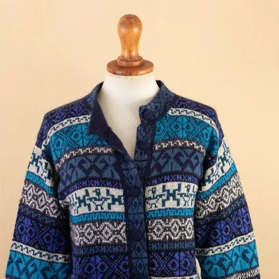Alternate image for Blue Alpaca Blend Cardigan with Inca Motifs Empire Memories
