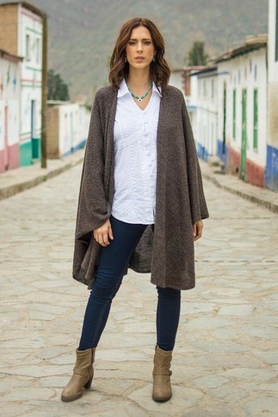 Alternate image for Artisan Crafted Alpaca Blend Wrap Ruana Brown Tweed