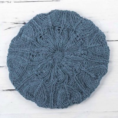 Alternate image for Womens Blue Beret Hat Knitted by Hand in 100 Alpaca Wool Azure Leaves