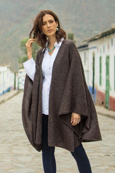 Alternate image for Artisan Crafted Alpaca Blend Wrap Ruana Brown Tweed