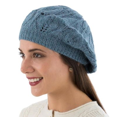 Alternate image for Womens Blue Beret Hat Knitted by Hand in 100 Alpaca Wool Azure Leaves