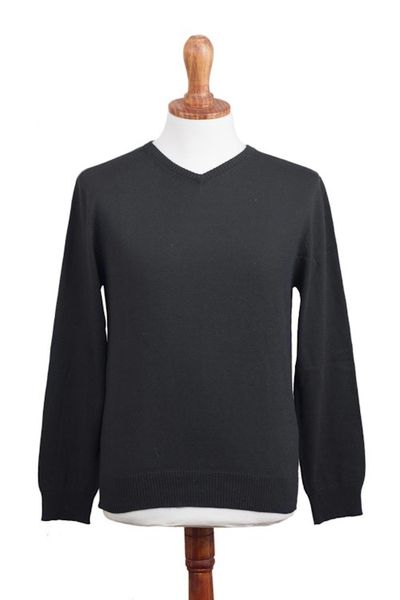 Alternate image for Mens V-Neck Cotton Blend Pullover from Peru Warm Adventure in Black