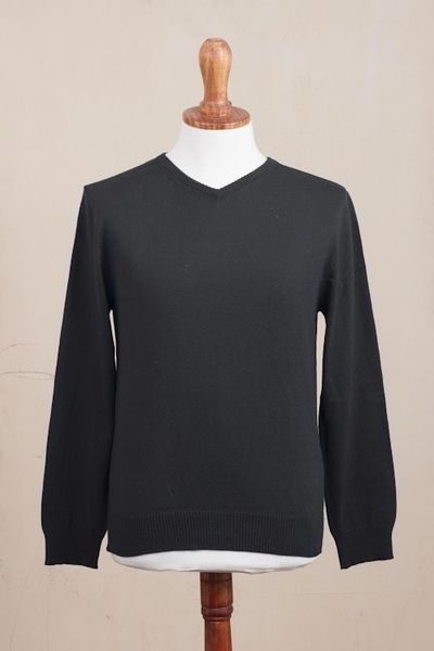 Alternate image for Mens V-Neck Cotton Blend Pullover from Peru Warm Adventure in Black