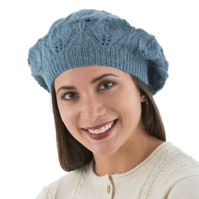 Alternate image for Womens Blue Beret Hat Knitted by Hand in 100 Alpaca Wool Azure Leaves