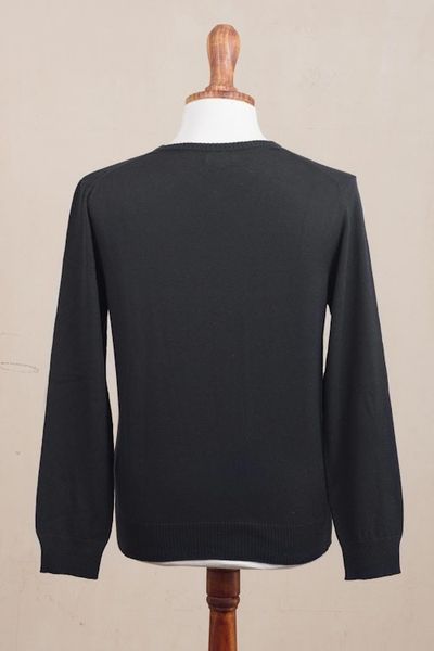 Alternate image for Mens V-Neck Cotton Blend Pullover from Peru Warm Adventure in Black