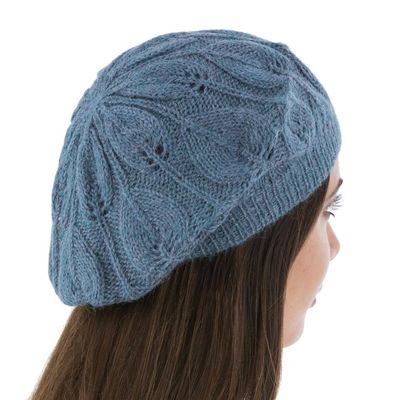Alternate image for Womens Blue Beret Hat Knitted by Hand in 100 Alpaca Wool Azure Leaves