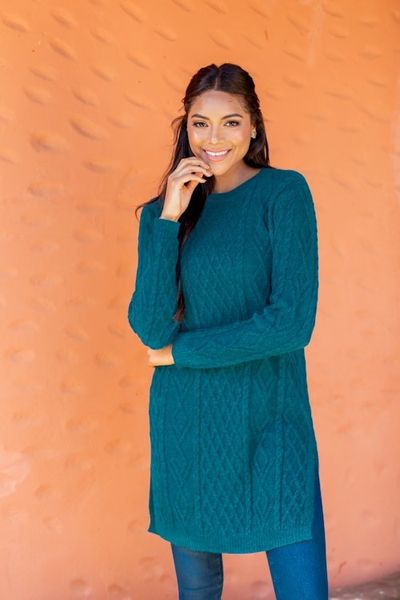 Alternate image for Baby Alpaca Teal Cable Knit Tunic Sweater Dress Winter Teal