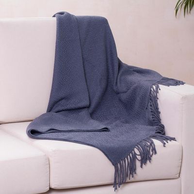Alternate image for Alpaca and AcrylicThrow Blanket with Fringe in Denim Blue Puno Traditions in Blue