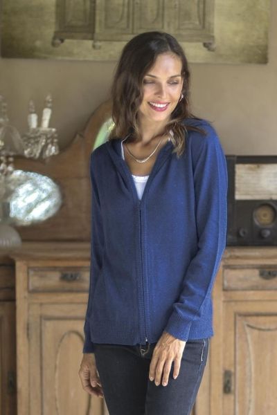 Alternate image for Cotton Blend Hoodie in Royal Blue from Peru Simple Delight in Royal Blue