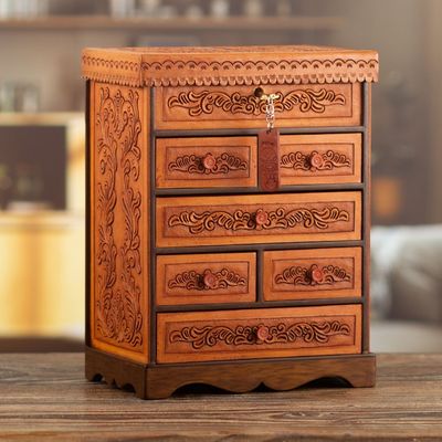 Alternate image for Handcrafted Traditional Brown Wood and Leather Jewelry Box Baroque Secrets