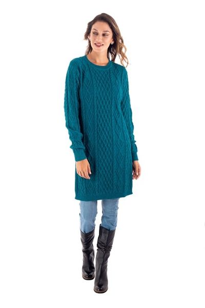 Alternate image for Baby Alpaca Teal Cable Knit Tunic Sweater Dress Winter Teal