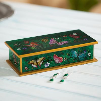 Alternate image for Reverse Painted Glass Butterfly Decorative Box in Emerald Butterfly Jubilee in Emerald