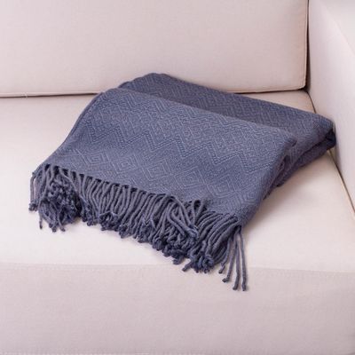 Alternate image for Alpaca and AcrylicThrow Blanket with Fringe in Denim Blue Puno Traditions in Blue
