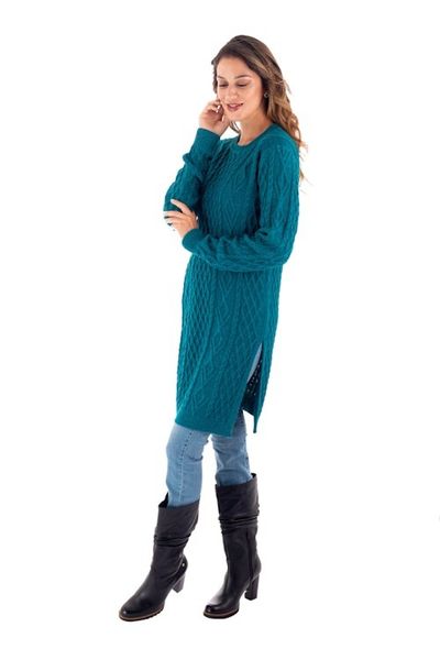 Alternate image for Baby Alpaca Teal Cable Knit Tunic Sweater Dress Winter Teal