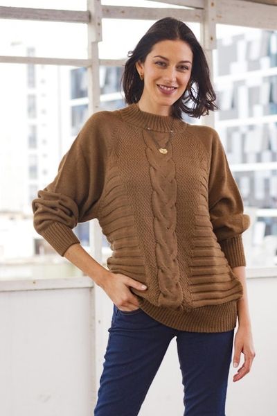 Alternate image for Warm Brown Braided Detail Alpaca Blend Sweater from Peru Braided Sepia