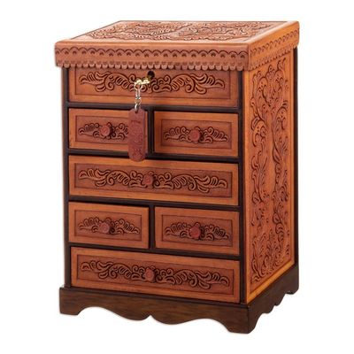 Alternate image for Handcrafted Traditional Brown Wood and Leather Jewelry Box Baroque Secrets