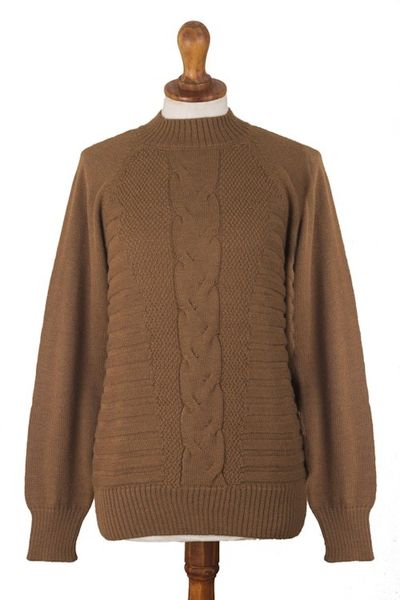 Alternate image for Warm Brown Braided Detail Alpaca Blend Sweater from Peru Braided Sepia