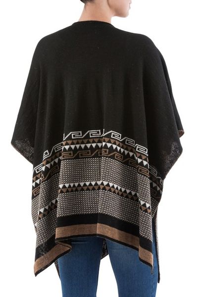 Alternate image for Reversible Alpaca Blend Ruana in Black and Golden Brown Incan Kingdom in Golden Brown