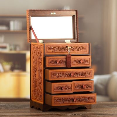 Alternate image for Handcrafted Traditional Brown Wood and Leather Jewelry Box Baroque Secrets