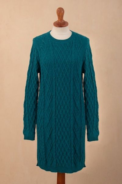 Alternate image for Baby Alpaca Teal Cable Knit Tunic Sweater Dress Winter Teal