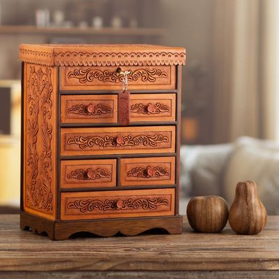 Alternate image for Handcrafted Traditional Brown Wood and Leather Jewelry Box Baroque Secrets