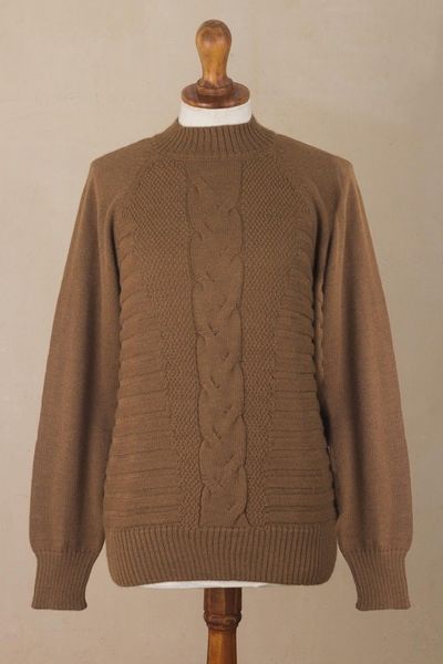 Alternate image for Warm Brown Braided Detail Alpaca Blend Sweater from Peru Braided Sepia
