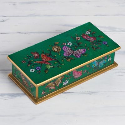 Alternate image for Reverse Painted Glass Butterfly Decorative Box in Emerald Butterfly Jubilee in Emerald