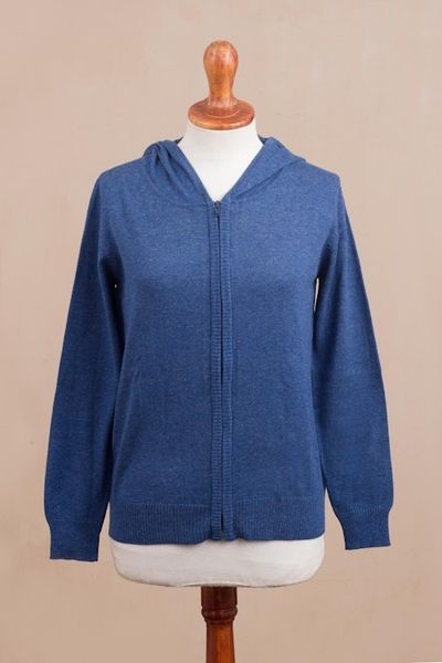 Alternate image for Cotton Blend Hoodie in Royal Blue from Peru Simple Delight in Royal Blue