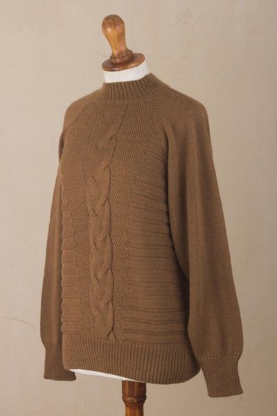Alternate image for Warm Brown Braided Detail Alpaca Blend Sweater from Peru Braided Sepia