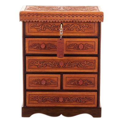 Alternate image for Handcrafted Traditional Brown Wood and Leather Jewelry Box Baroque Secrets