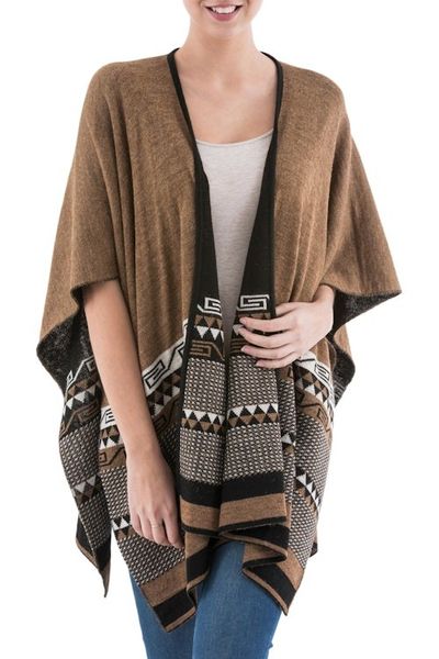 Alternate image for Reversible Alpaca Blend Ruana in Black and Golden Brown Incan Kingdom in Golden Brown