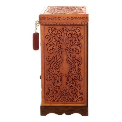 Alternate image for Handcrafted Traditional Brown Wood and Leather Jewelry Box Baroque Secrets