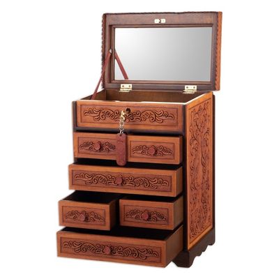 Alternate image for Handcrafted Traditional Brown Wood and Leather Jewelry Box Baroque Secrets