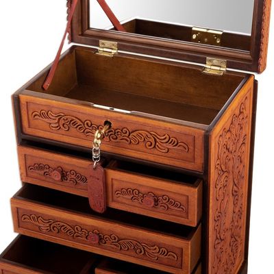 Alternate image for Handcrafted Traditional Brown Wood and Leather Jewelry Box Baroque Secrets