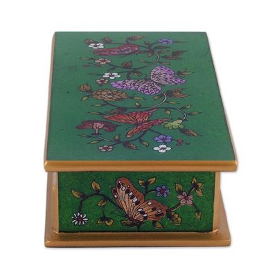 Alternate image for Reverse Painted Glass Butterfly Decorative Box in Emerald Butterfly Jubilee in Emerald