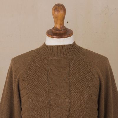 Alternate image for Warm Brown Braided Detail Alpaca Blend Sweater from Peru Braided Sepia